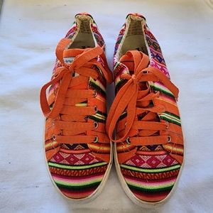 Inkkas Orange/Multi Stripe & Diamond Patterned Low Top Sneaker Handmade In Peru